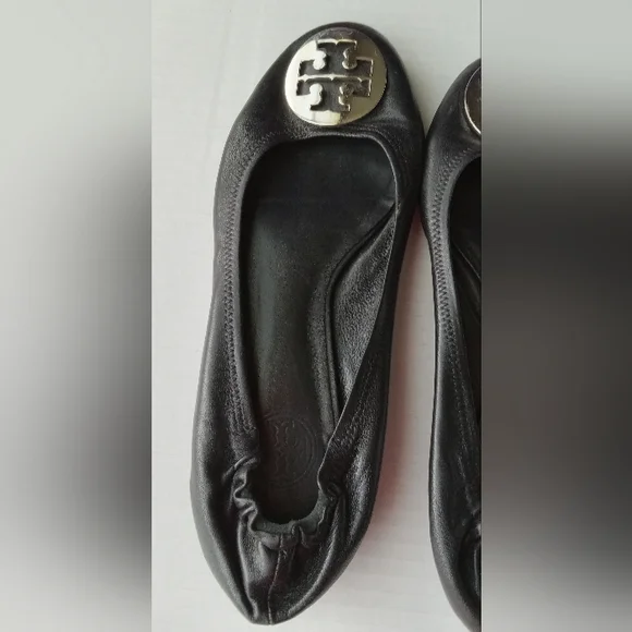 🩷💚⚜️Tory Burch⚜️🩷Black Ballet Flats Double T Signature Leather Shoe Size 8.5 - Picture 4 of 11